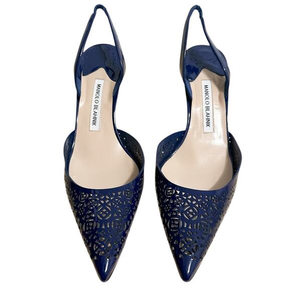 Manolo Blahnik Carolyne Navy Blue Patent Leather Pointed Toe Slingback Pump 39.5 - Picture 3 of 10